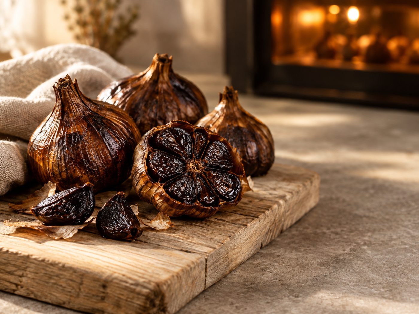 Têtes d'ail noir caramélisé bio, dont une coupée révélant les gousses noires confites, sur une planche en bois — atelier à Fribourg