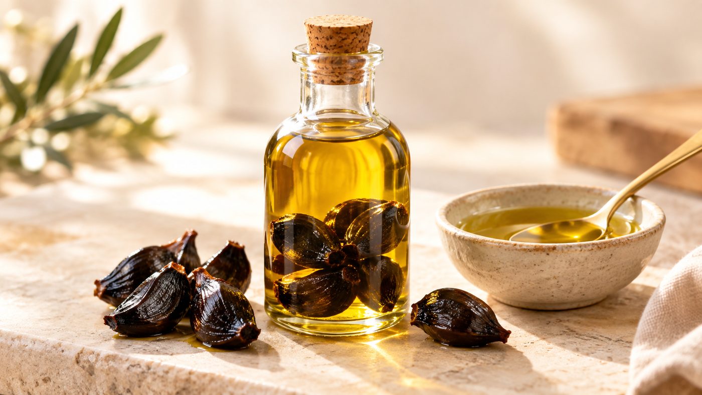 Huile d'olive infusée à l'ail noir, en bouteille