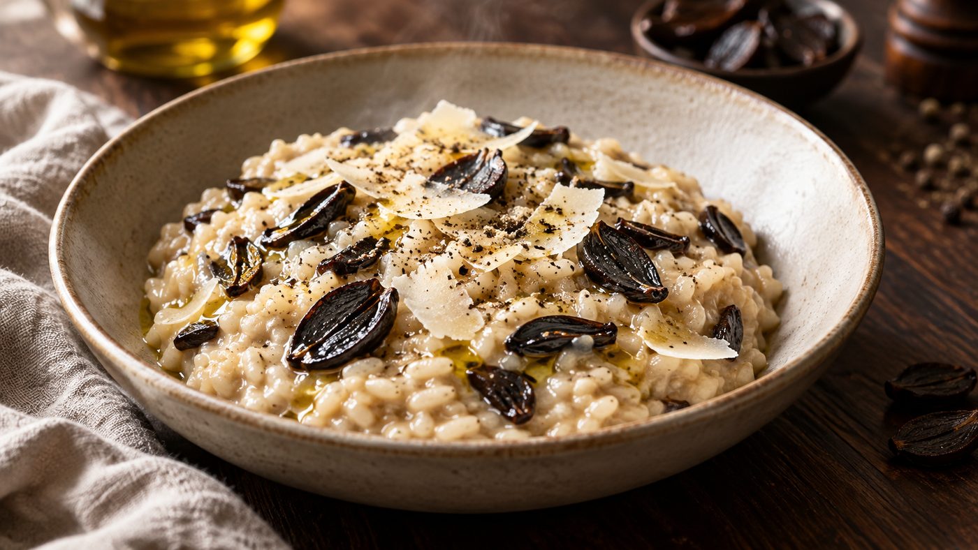 Risotto crémeux à l'ail noir, parmesan et poivre