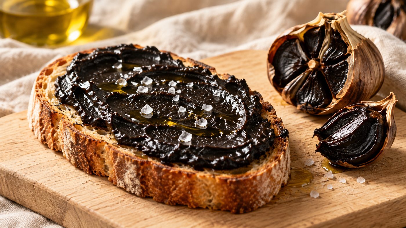 Tartinade d'ail noir sur pain de campagne grillé